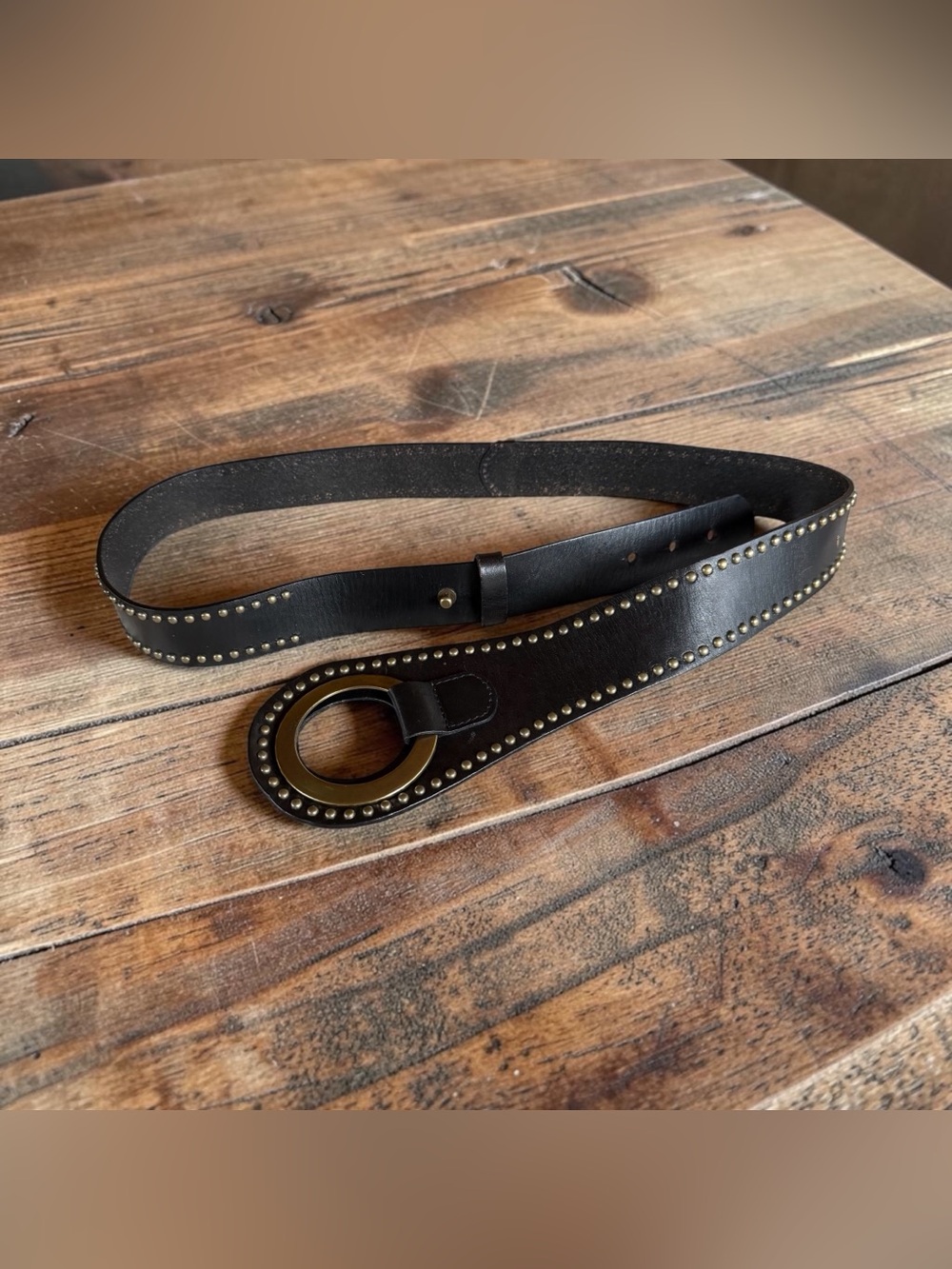 Coldwater Creek Black Leather Studded Belt with Ring Buckle